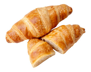 Top view of one brown or golden croissants with two halves in stack isolated on white background with clipping path