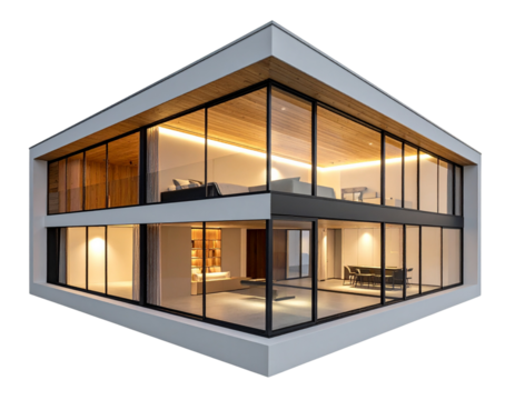 Modern Two-Story House Cross Section Showing Glass Walls and Wooden Framework, Isolated on Transparent Background - Powered by Adobe
