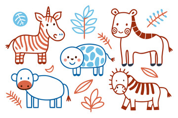 Cute cartoon animal set in simple line art style vector design