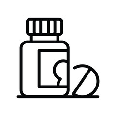 A black and white line art illustration of a medicine bottle and a pill