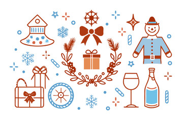 Festive Holiday Christmas Decoration Elements with Christmas tree gifts and snowflakes