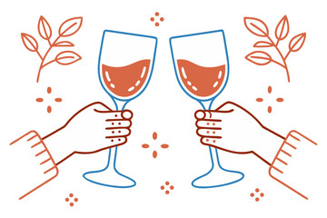 Festive toast with wine glasses in hand drawn style celebration