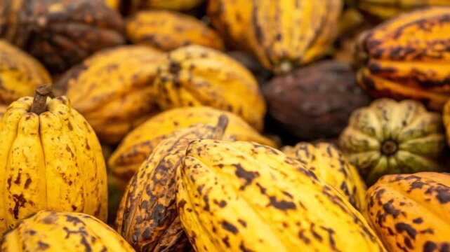 Close-up of harvested yellow cocoa pods with brown splotches and stems