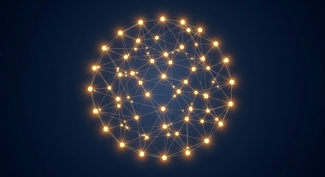 Abstract digital sphere network with glowing yellow dots connected by lines, representing global technology, data communication, and futuristic concepts on a dark blue background.