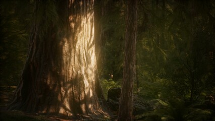 Sunlight filters gently through the dense foliage of an enchanting forest, illuminating the gnarled bark of ancient trees. A serene atmosphere invites exploration and contemplation.