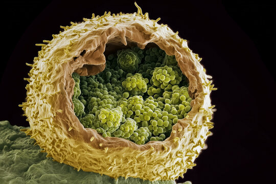 SEM-style visualization of a human epithelial cell ruptured by Chlamydia trachomatis, showing clustered yellow-green bacteria and surface microvilli in high detail