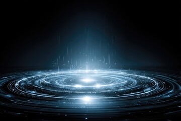Circular glowing energy field, radiating light and data streams against a dark background