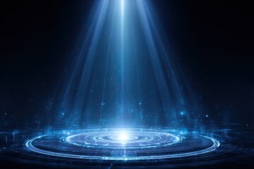 A bright blue light beam shines on a circular platform, abstract digital sci-fi scene