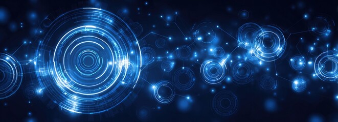 Futuristic illustration of digital data flow, featuring glowing circles, lines, and dots on a dark blue background