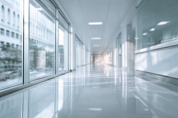Obraz premium Perspective shot of a long, bright corridor with large windows & glossy floor, leading to an exterior view