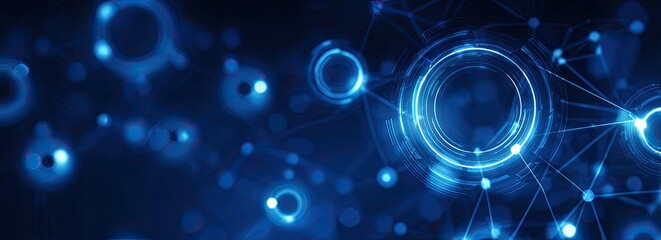 Futuristic blue glowing circles and connected lines against a dark background, abstract technology