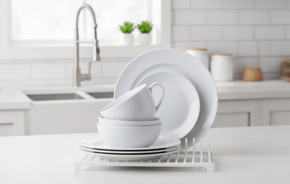 Dishes white bowl and plates and spoon on the table