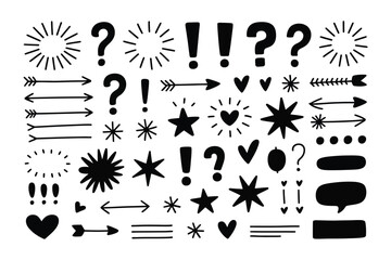 Hand Drawn Doodle Arrows Stars Hearts Question Marks Exclamation Points Vector Illustration Set