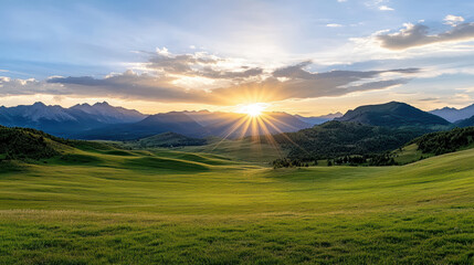 Fototapeta premium Golden sunset illuminates green hills and mountains, creating serene landscape