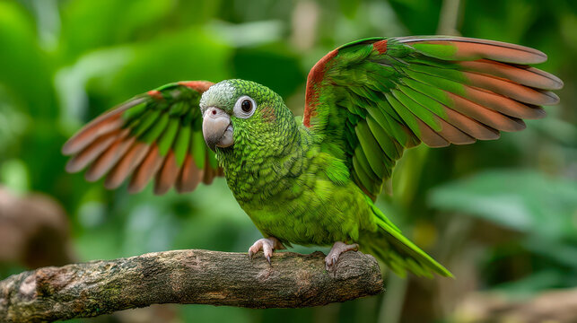 A bright green parrot with red feathers on its wings sitting on a branch, an exotic tropical bird found in a rainforest