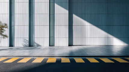 Minimalist ramp for office building with yellow pedestrian crossing, modern urban accessibility design