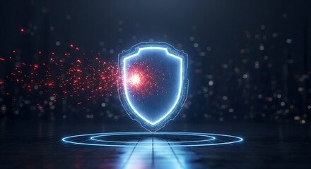 Abstract concept of digital shield protecting data from cyber threats in a futuristic dark environment with glowing neon effects.