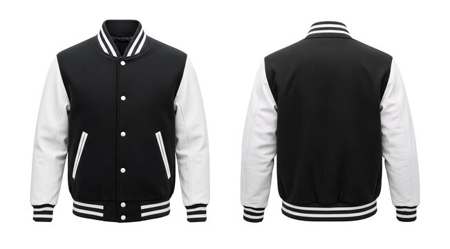 Blank Black and White Varsity Baseball Jacket Front and Back View on White Background