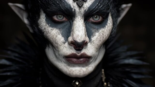 Dark elf with pale skin and black makeup stares.