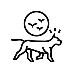 A black line art graphic depicts a fox under a circle containing bird shapes The fox is walkingalert suggested by marks above its head