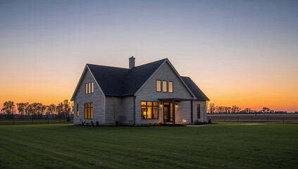 Obraz premium Modern luxury home at sunset with manicured lawn and open fields