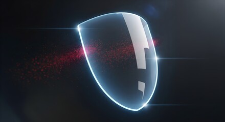 Abstract glowing glass shield protecting against red digital particles on a dark background, representing cybersecurity and defense.
