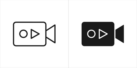 Two video camera icons, one outlined and one solid black, with play button symbol