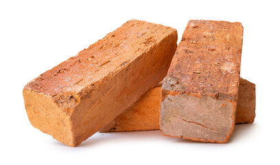 Side view of three cracked old red or orange bricks in stack isolated on white background with clipping path