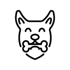 A black line drawing of a dog head holding a bone in its mouth