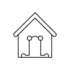 A black line drawing of a dog house It has a triangular roof square walls and a doorlike design with circles