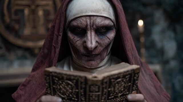 Creepy evil nun reading a book in the dark.