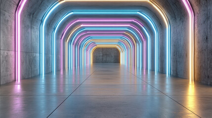 Luminous neon tunnel with vibrant colors creating futuristic atmosphere