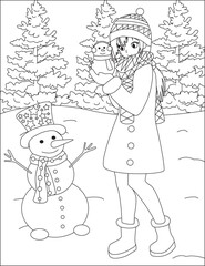 Girl Playing With Snowman Coloring Page Christmas Winter Illustration