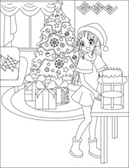 Christmas Celebration Coloring Page Girl With Cake Holiday Vector