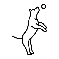 A black linear illustration of a dog standing on its hind legs looking up at a circular ball