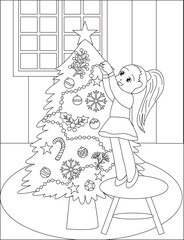 Little Girls Decoring Christmas Tree Coloring Page Vector