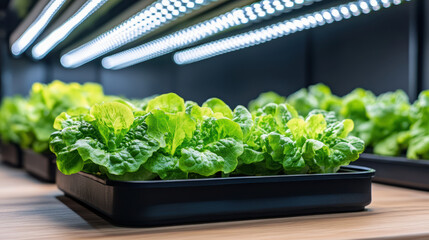 Hydroponic lettuce growing under bright LED lights in modern indoor garden setup