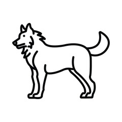 A black outline of a dog stands in profile, It has a fluffy neck erect ears and a curved tail