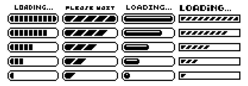 Pixel loading bars. 8-bit UI progress bar, retro loading indicator, pixel art digital interface. Game loader bar, progress animation and pixelated waiting bar vector set