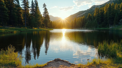 Fototapeta premium Golden sunlight reflects serene lake surrounded by lush pine forest, creating tranquil