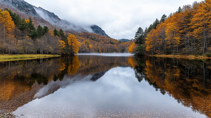 Fototapeta premium Autumn colors reflect beautifully on tranquil lake surrounded by misty mountains