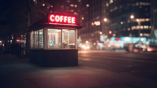 A vibrant red neon COFFEE sign illuminates a small urban street stand at night with blurred city lights in the background