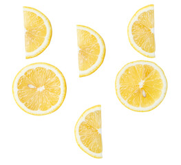 Top view set of fresh ripe yellow lemon fruits in halves and slices or quarters isolated on white background with clipping path