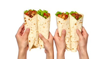Two pairs of hands holding four wraps filled with meat and lettuce on a white background, cutout