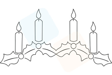 Advent wreath with four candles and holly leaves drawing offering a minimalist holiday design with spiritual and cultural associations representing light and hope