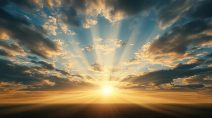Fototapeta premium Breathtaking sunrise with rays of light breaking through clouds, creating serene atmosphere