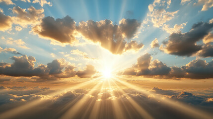 Bright sunlight beams through clouds at dawn, creating serene and cinematic atmosphere