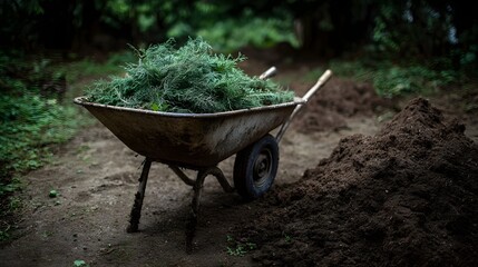 Rustic wheelbarrow filled with garden cuttings beside a pile of dark soil in an outdoor environment