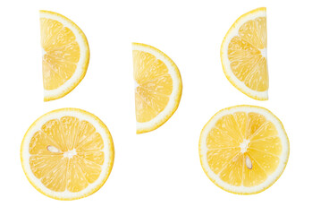 Obraz premium Top view set of fresh ripe yellow lemon fruits in halves and slices or quarters isolated on white background with clipping path
