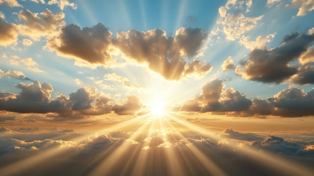 Bright sunlight beams through clouds at dawn, creating serene and cinematic atmosphere